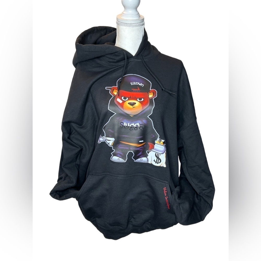 Men’s black hoodie, slugger bear